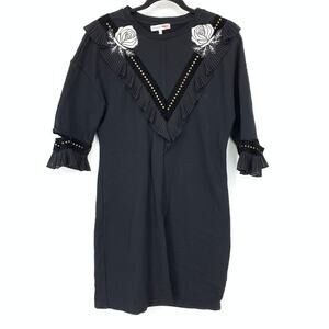 Silvian Heach Jersey Knit Half Sleeve Dress Womens Sz L Embroidered Ruffle Front